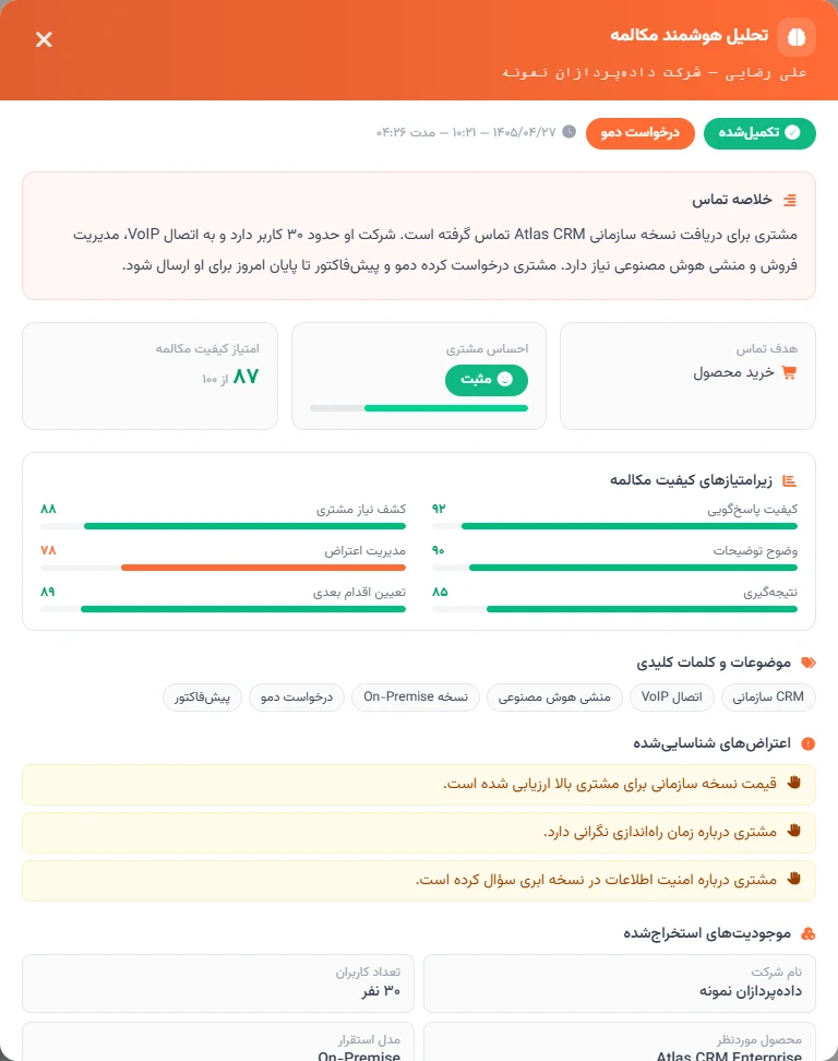 خلاصه و ارزیابی تماس در پنل نوا